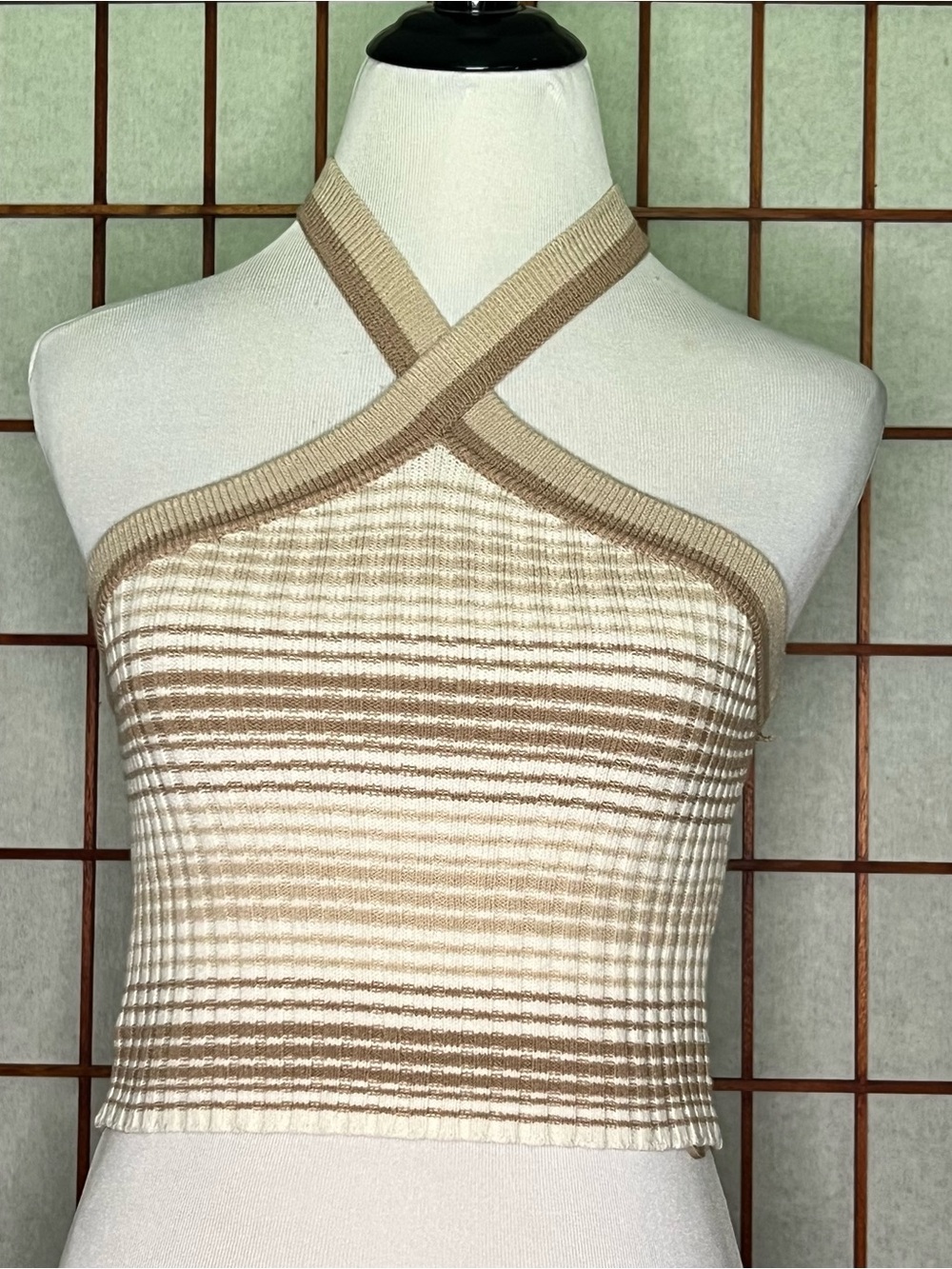 Sincerely Jules Beige and Cream Striped Halter Crop Top - Picture 1 of 5